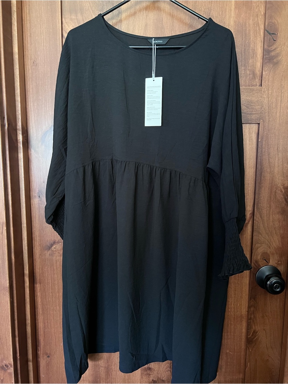 Women's Black Smocked-Sleeve Midi Babydoll Dress